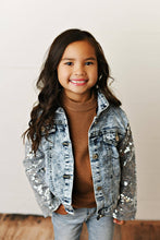 Load image into Gallery viewer, Kids Silver Sequin &amp; Light Wash Denim Button Pocket Jacket
