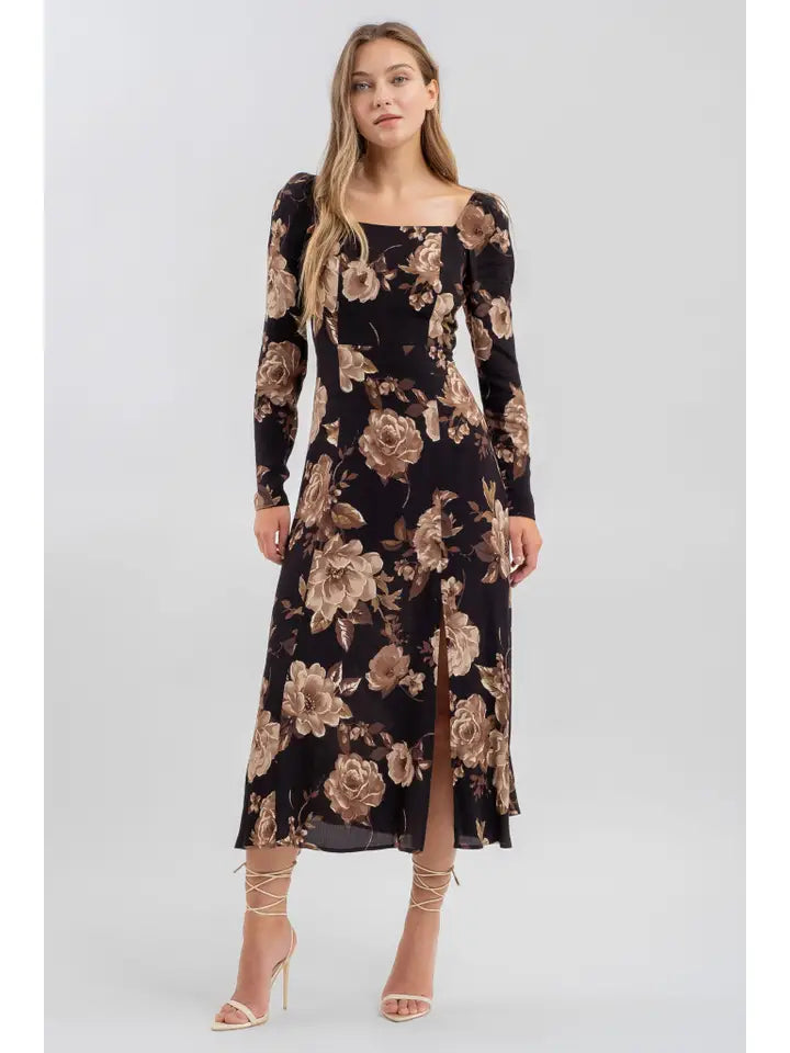 Floral Square Neck Long Sleeve Midi Dress