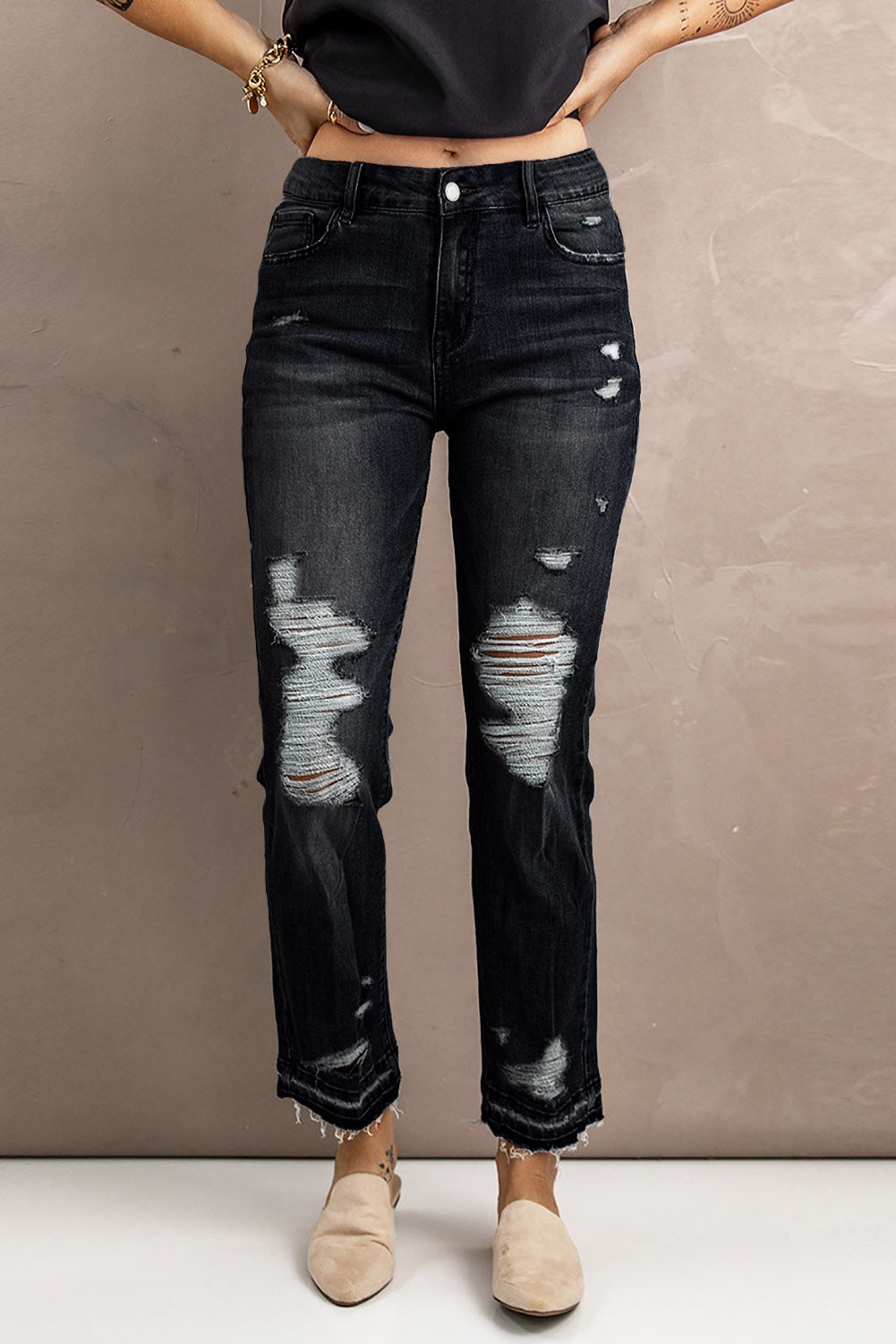 Black Distressed High Waist Jeans