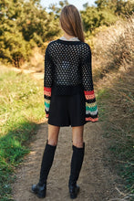 Load image into Gallery viewer, Floral Crochet Striped Sleeve Cropped Knit Sweater
