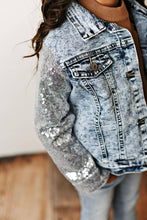 Load image into Gallery viewer, Kids Silver Sequin &amp; Light Wash Denim Button Pocket Jacket
