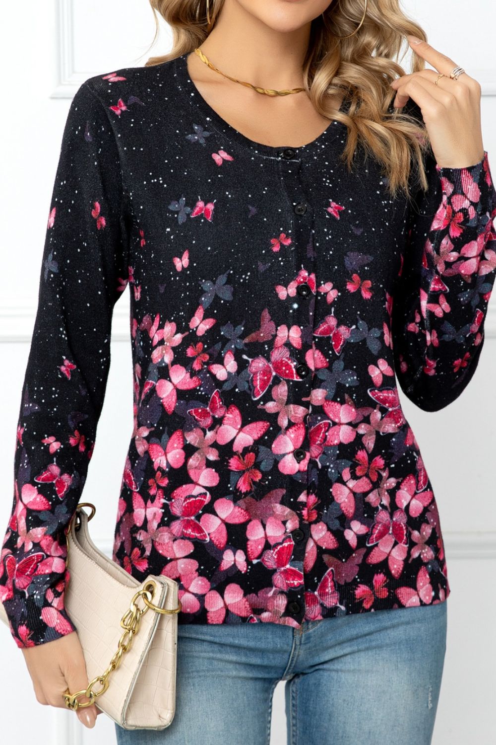 Floral Button Front Round Neck Cardigan